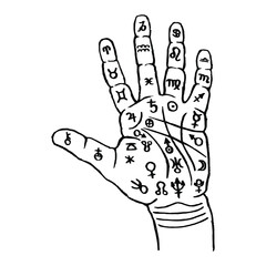 Palmistry. Black and white drawing of a human hand with lines and symbols. Designations of the planets. Vector illustration.