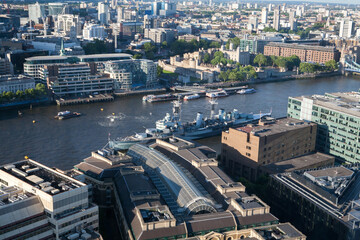 Aerial view of HMS Belfast on Thames river in London, UK