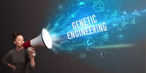 Young woman shouting in megaphone with GENETIC ENGINEERING inscription, Modern technology...