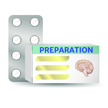 drugs to improve memory. Cardboard box template depicting a human brain. White tablets in a package. Vector illustration.