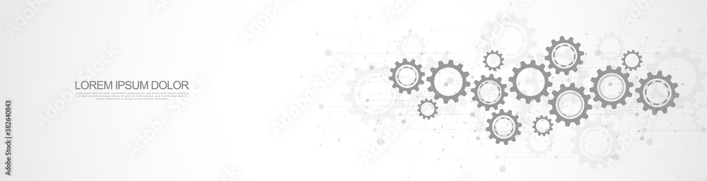 Poster banner design template. cogs and gear wheel mechanisms. hi-tech digital technology and engineering. 