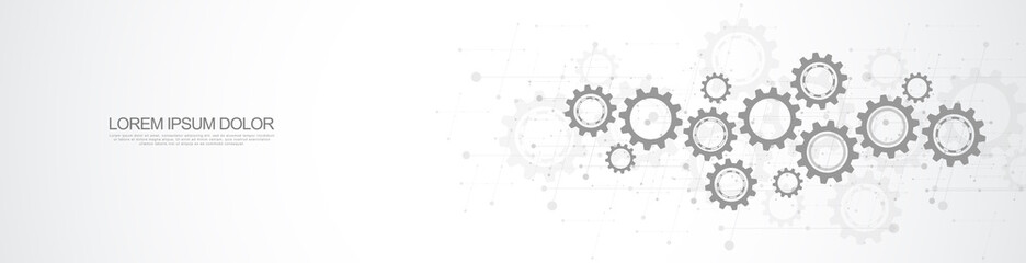 Banner design template. Cogs and gear wheel mechanisms. Hi-tech digital technology and engineering. Abstract technical background.