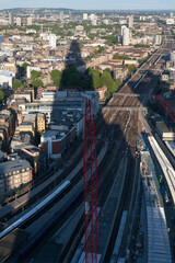 Panoramic aerial view of London with the famous Tower and Tower Bridge and skyscrapesr of Canary...