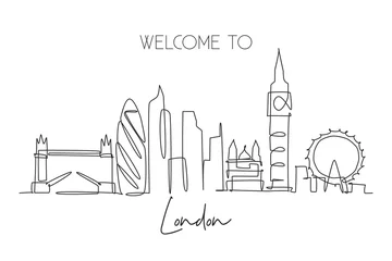 Einzelne fortlaufende Linienzeichnung der Skyline von London. Berühmte Stadtwolkenkratzerlandschaft in der Welt. World Travel Campaign Home Wall Decor Poster-Konzept. Moderne einzeilige Design-Vektorillustration © Simple Line