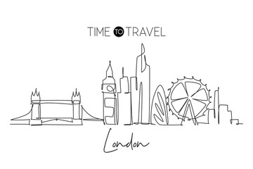 One single line drawing London city skyline. Historical skyscraper and landscape in world. Best destination holiday vacation home wall decor concept. Continuous line draw design vector illustration - obrazy, fototapety, plakaty
