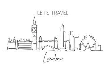 Obraz premium One continuous line drawing of London city skyline. Beautiful city skyscraper. World landscape tourism travel vacation home wall decor poster print concept. Single line draw design vector illustration
