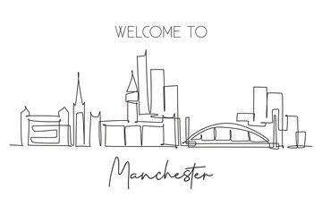 Single continuous line drawing of Manchester city skyline. Famous city skyscraper landscape in world. World travel home wall decor poster print concept. Modern one line draw design vector illustration
