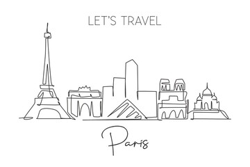 One single line drawing of Paris city skyline France. Historical skyscraper landscape in world. Best holiday destination wall decor poster print. Trendy continuous line draw design vector illustration - obrazy, fototapety, plakaty