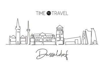 One continuous line drawing of Dusseldorf city skyline, Germany. Beautiful skyscraper. World landscape tourism travel vacation wall decor poster. Stylish single line draw design vector illustration