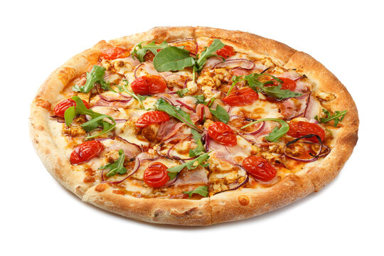 Delicious classic italian pizza with Mozzarella, peppers, tomatoes, onions, olives and arugula