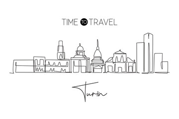 Fototapeta premium Single continuous line drawing of Turin city skyline, Italy. Famous skyscraper landscape postcard. World travel home wall decor poster print concept. Modern one line draw design vector illustration