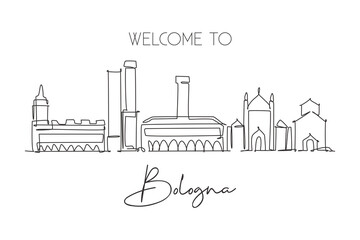 One continuous line drawing of Bologna city skyline, Italy. Beautiful skyscraper. World landscape tourism travel vacation wall decor print concept. Stylish single line draw design vector illustration © Simple Line