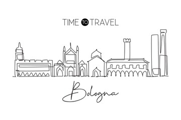 One single line drawing of Bologna city skyline, Italy. Historical skyscraper landscape in world. Best holiday destination wall decor poster art. Trendy continuous line draw design vector illustration © Simple Line