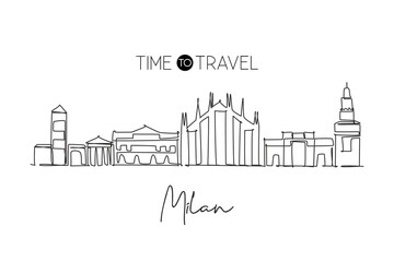 Obraz premium One continuous line drawing of Milan city skyline, Italy. Beautiful skyscraper. World landscape tourism travel vacation wall decor poster concept. Stylish single line draw design vector illustration
