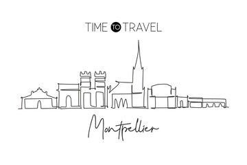One continuous line drawing Montpellier city skyline. Beautiful skyscraper. World landscape tourism travel home wall decor poster vacation concept. Stylish single line draw design vector illustration