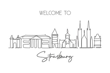 One single line drawing of Strasbourg city skyline, France. Historical skyscraper landscape in world. Best holiday destination wall decor poster. Trendy continuous line draw design vector illustration - obrazy, fototapety, plakaty