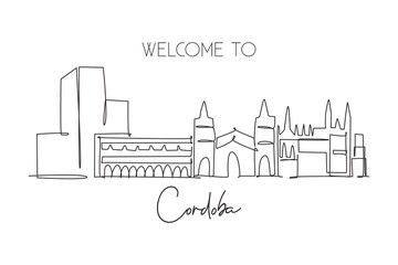 Obraz premium One single line drawing of Cordoba city skyline, Spain. Historical skyscraper landscape in world postcard. Best holiday destination wall decor poster. Continuous line draw design vector illustration