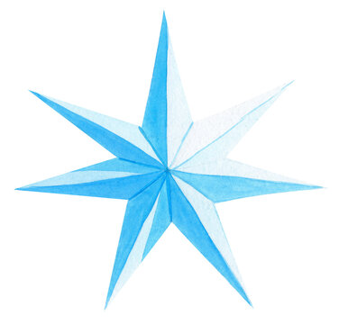 watercolor blue seven pointed star isolated on white background. Christmas star decoration