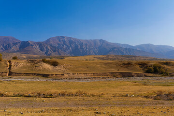 Autumn landscape of the foothills of Kazakhstan. Floodplain of a dried mountain river. Mountains in the background. Blue sky. Foothill vegetation. Dried grass. Herd of horses graze