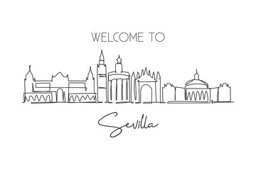 One continuous line drawing of Sevilla city skyline, Spain. Beautiful skyscraper. World landscape tourism travel vacation wall decor poster concept. Stylish single line draw design vector illustration - obrazy, fototapety, plakaty
