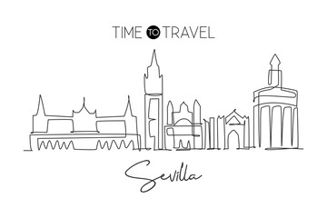 Fototapeta premium One single line drawing of Sevilla city skyline, Spain. Historical skyscraper landscape in world postcard. Best holiday destination wall decor poster. Continuous line draw design vector illustration