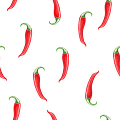 watercolor hand drawn red chili pepper seamless pattern on white background