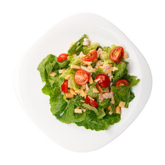 Plate with fresh caesar salad with chicken