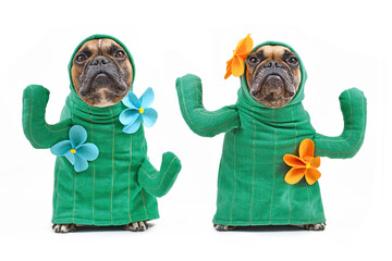 Pair of  French Bulldog dogs in funny cactus costume with arms like branches and blue and yellow...