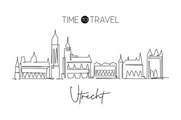 One continuous line drawing of Utrecht city skyline, Netherlands. Beautiful skyscraper. World landscape tourism travel vacation wall decor poster. Stylish single line draw design vector illustration