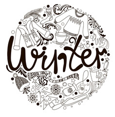 Lettering. The word winter is drawn in the form of a circle in black, a sweater, a cup of tea, a scarf, a sled, a hat, mittens, a sock, a glove, a snowflake and a monogram are drawn nearby. 