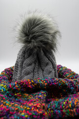 A colorful wool scarf with my gray wool hat for the cold days