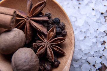 Spezie varie su sfondo in legno