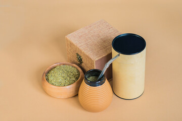 Yerba mate in calabash and jars