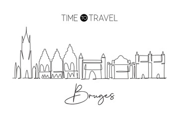 Fototapeta premium One continuous line drawing of Bruges city skyline, Belgium. Beautiful city skyscraper postcard. World landscape tourism travel wall decor poster. Stylish single line draw design vector illustration