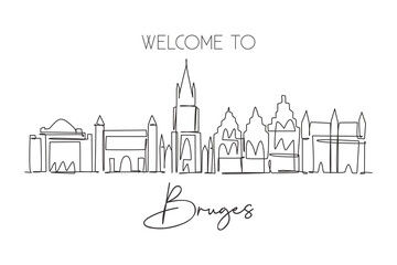 Fototapeta premium Single continuous line drawing of Bruges city skyline, Belgium. Famous skyscraper landscape. World travel home wall decor poster print concept. Editable modern one line draw design vector illustration