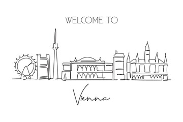 Single continuous line drawing of Vienna city skyline, Austria. Famous city scraper landscape. World travel home art wall decor poster print concept. Modern one line draw design vector illustration