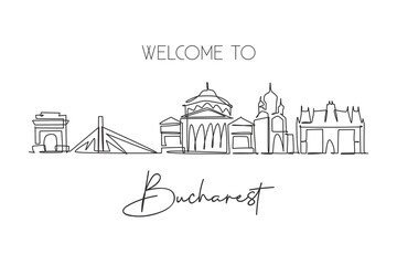 Single continuous line drawing of Bucharest city skyline, Romania. Famous city scraper landscape. World travel home art wall decor poster print concept. Modern one line draw design vector illustration - obrazy, fototapety, plakaty