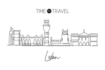 Single continuous line drawing of Lisbon city skyline, Portugal. Famous city scraper landscape. World travel home wall decor concept. Editable stroke modern one line draw design vector illustration