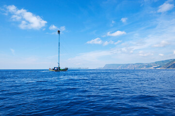 Feluca, typical boat for swordfish fishing, Costa Viola, Bagnara Calabra, district of Reggio...