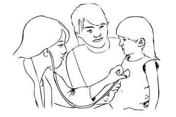 Vector Outline manual draw, doctor check toddler health using stetoschope