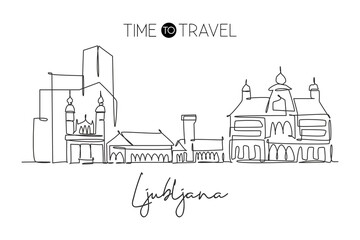 Obraz premium One single line drawing of Ljubljana city skyline, Slovenia. Historical town landscape in world. Best holiday destination home wall decor print. Trendy continuous line draw design vector illustration