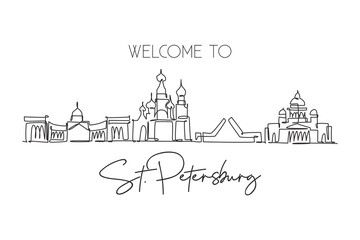 One continuous line drawing of St. Petersburg city skyline, Russia. Beautiful landmark. World landscape tourism and travel vacation. Editable stylish stroke single line draw design vector illustration
