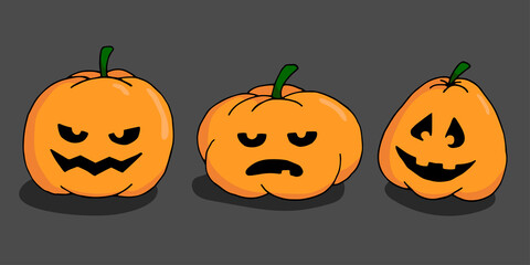 Three colorful pumpkins for Halloween. A set of creepy masks. Holiday on October 31. Vector hand drawn doodle illustration