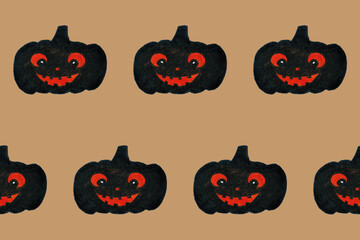 Halloween seamless pattern with smiling pumpkins. Black and orange colors. Print for textile, greeting cards, wrapping paper, decor, design. Holiday background. Symbol of witchcraft