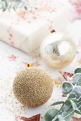 New Year celebration and Christmas background, Christmas decorations top view.