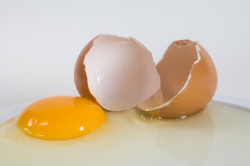 Broken eggs on a white plate