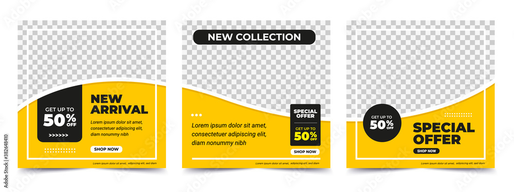 Wall mural set of editable square banner template. black and yellow background color with stripe line shape. su