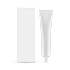 Metallic cosmetic tube with box mockup isolated on white background, front view. Vector illustration
