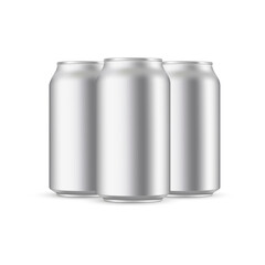 Three 330ml aluminium cans mockup isolated on white background. Vector illustration
