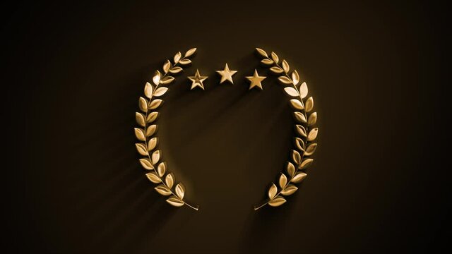 Gold Awards Laurel Leaves With Gold Texture Animation/ 4k animation of a golden palm awards with laurel wreath and crowns, stars and glossy texture 